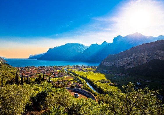 Torbole, Lago di Garda , Monte Brione mountain and Sarca river view, Trentino Alto Adige region of Italy